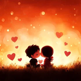 Sweet Cartoon Couple Kissing at Sunset