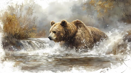 Wild Bear in Autumn Waterscape