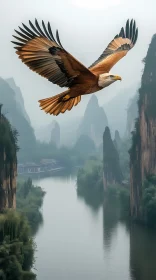 Eagle in Flight Over Serene Valley