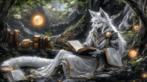 Fox Character Reading Book in Forest