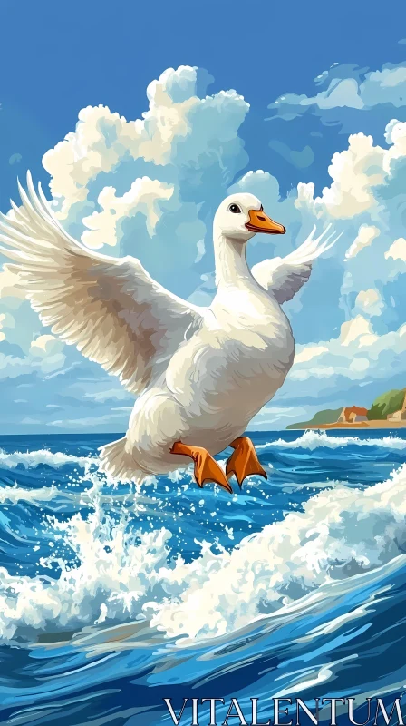 Duck in Flight Above Ocean AI Image