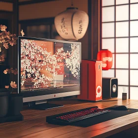 Japanese-Inspired Computer Workstation with Cherry Blossoms