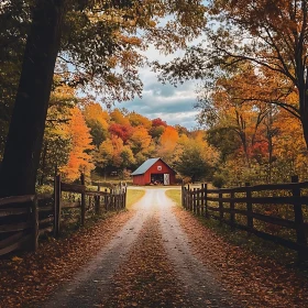 Country Path Leading to Red Barn in Autumn