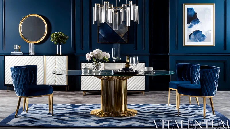 Elegant Blue and Gold Dining Room Design AI Image