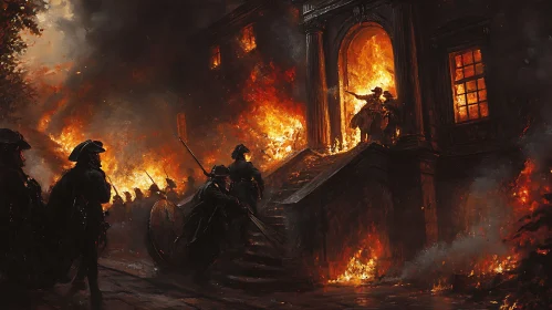 Warriors Battling Fire in Historical Setting