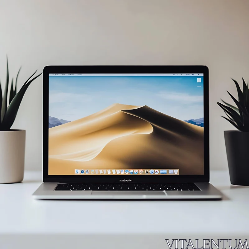 Modern Laptop with Desert Screen on Minimalist Desk AI Image