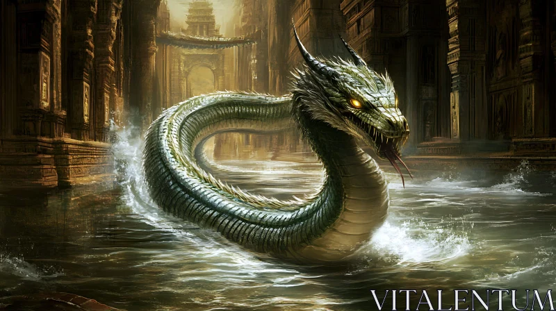 Serpentine Dragon in Ancient Ruins AI Image