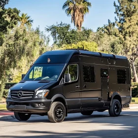 Matte Black Mercedes Van Surrounded by Nature