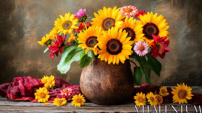 Sunflowers in Rustic Wooden Vase AI Image