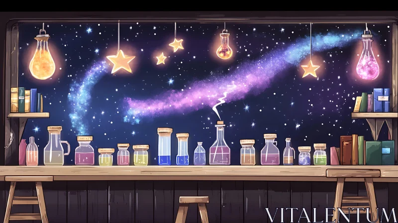 Magical Potions and Celestial Starry Night AI Image