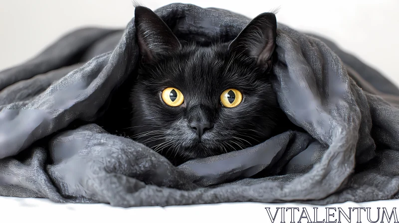 Black Cat with Yellow Eyes in Blanket AI Image