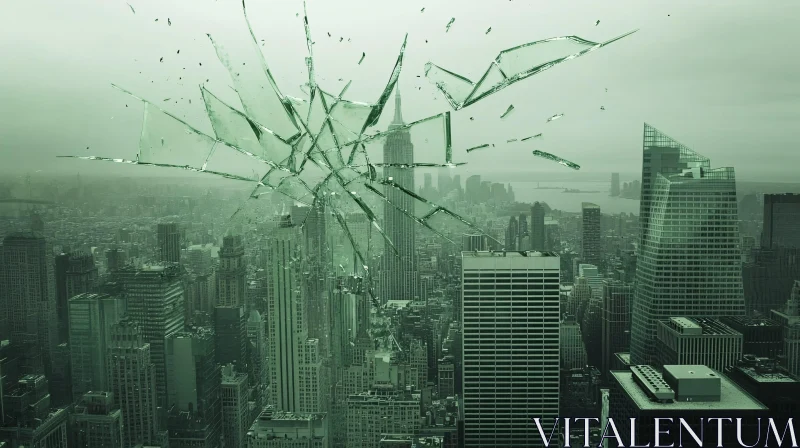 Green Tinted City with Broken Glass Effect AI Image