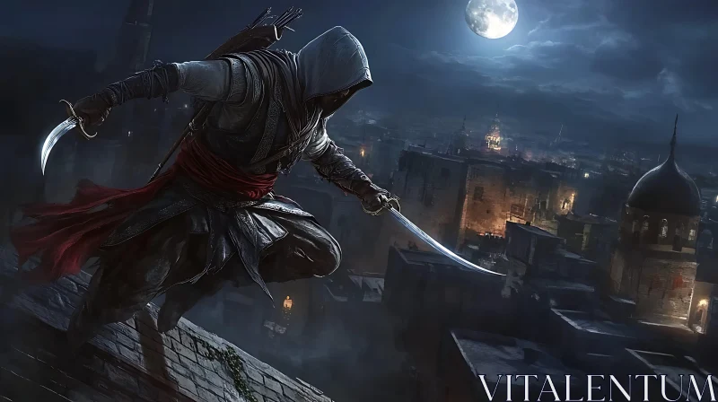 AI ART Moonlit Assassin on Rooftop Edge