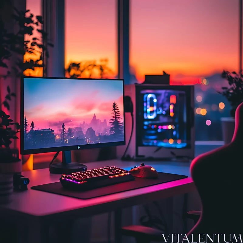 Ultimate Gamer's Paradise with Sunset Backdrop AI Image