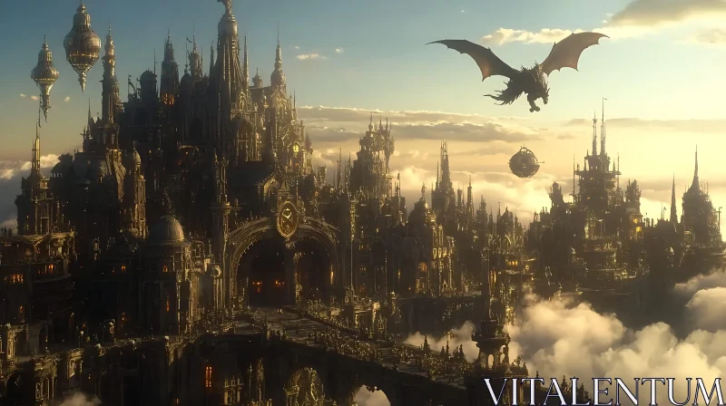 AI ART Fantasy Cityscape with Soaring Dragon