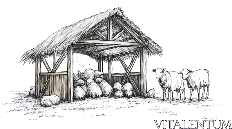 AI ART Sheep and Barn Sketch