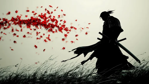 Samurai in the Wind with Red Leaves