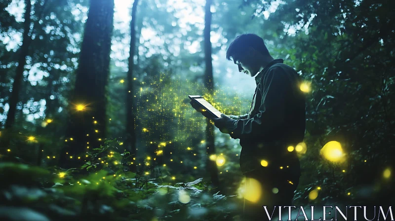 Man with Tablet in Firefly Forest AI Image