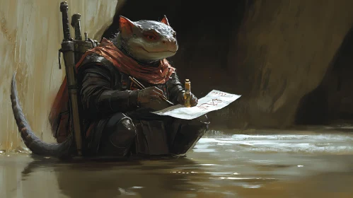 Armored Lizard Writing in the Cave