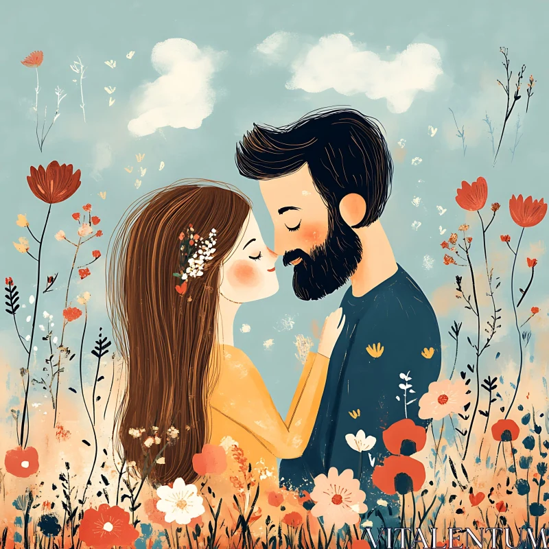 Lovers Embrace Among Wildflowers Art AI Image