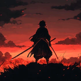 Silhouette of Warrior with Swords in Red Sunset