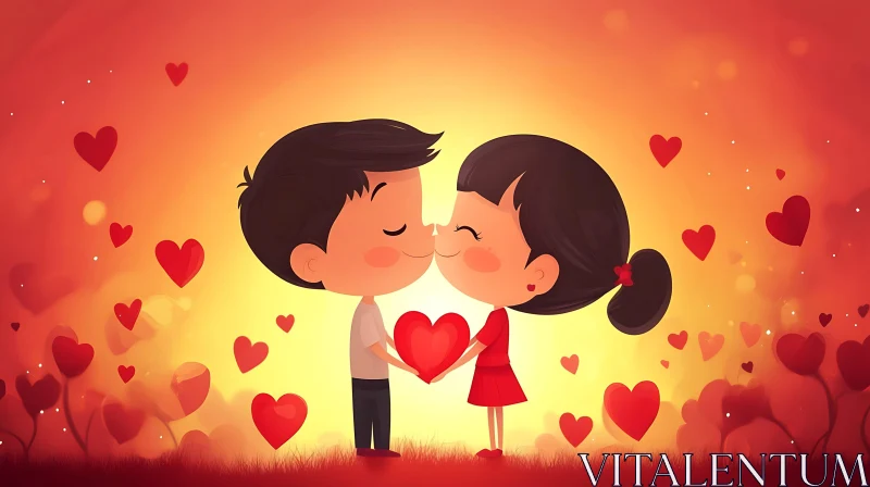 Cartoon Couple Kissing Surrounded by Hearts AI Image