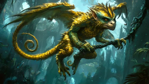 Winged Dragon Perched on Branch