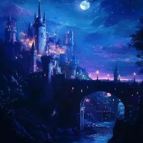 Moonlit Castle and Stone Bridge Landscape