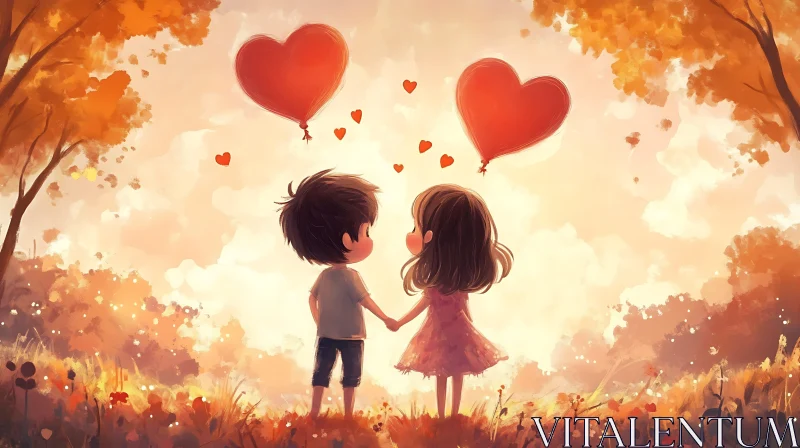 Affectionate Cartoon Couple with Heart Balloons AI Image