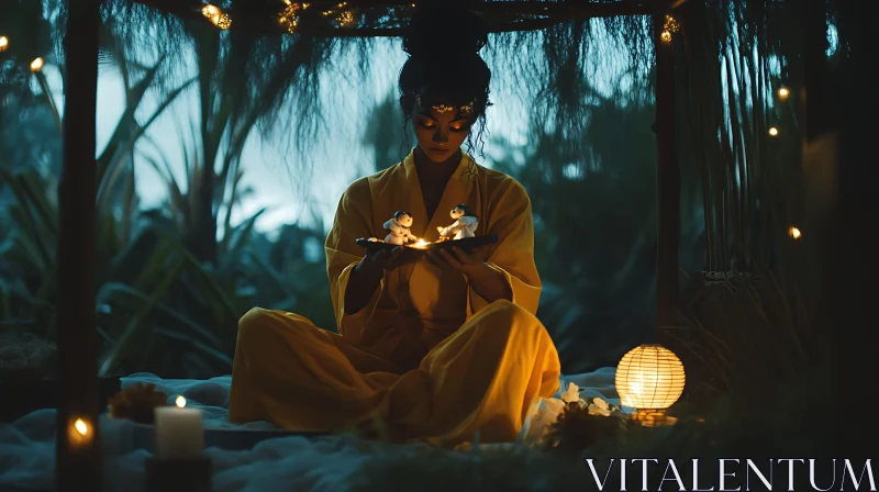 Serene Woman Meditating with Figurines AI Image