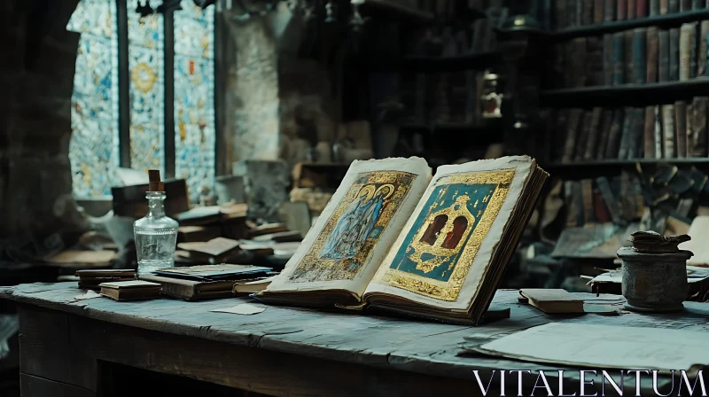 AI ART Historical Library with Illuminated Manuscripts