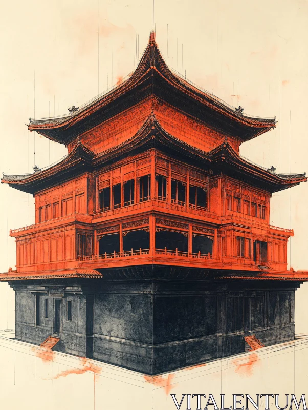 Architectural Drawing of Traditional Asian Building AI Image