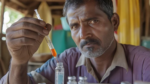 Man Fills Vial with Syringe