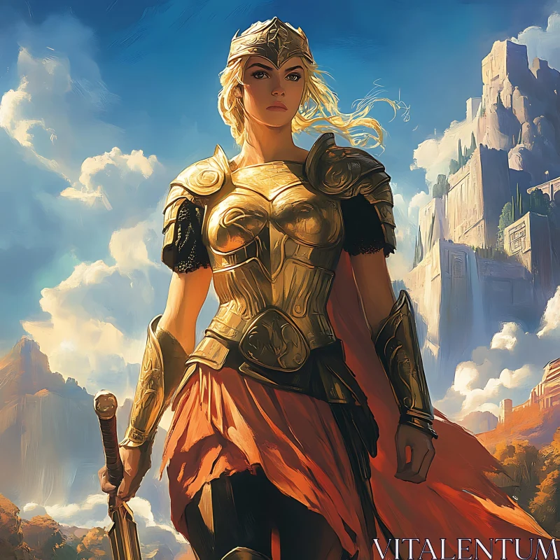 Female Warrior in Gold Armor Artwork AI Image