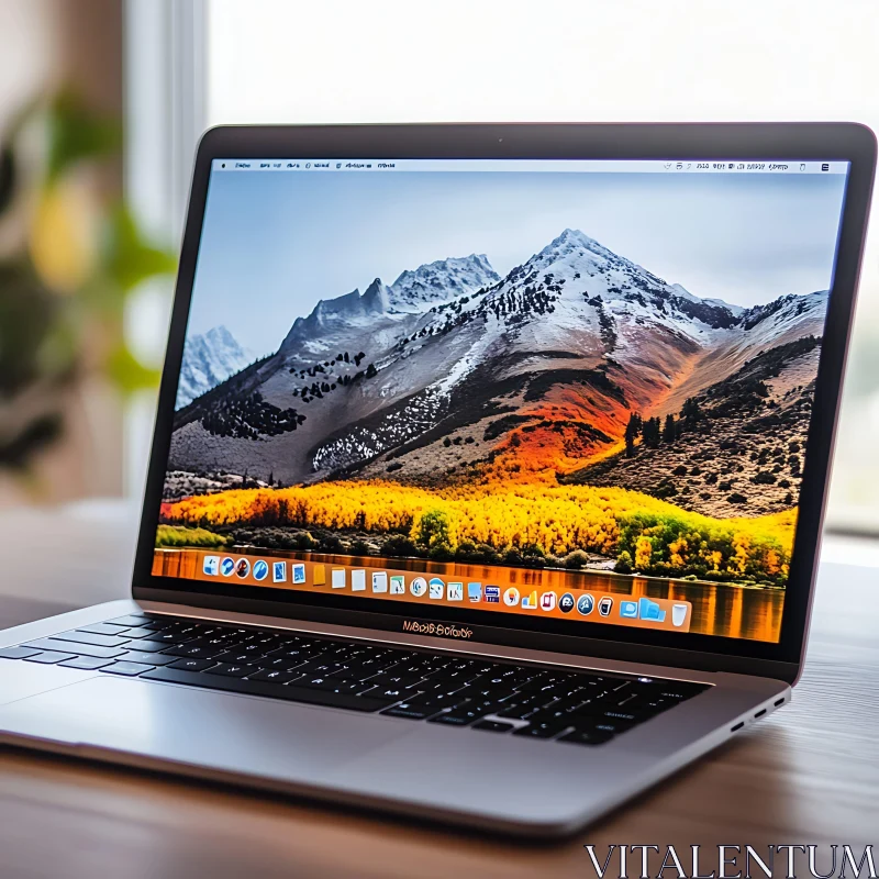 Laptop Showing Vibrant Mountain Landscape AI Image