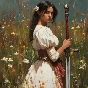 Lady Warrior in Floral Meadow Artwork