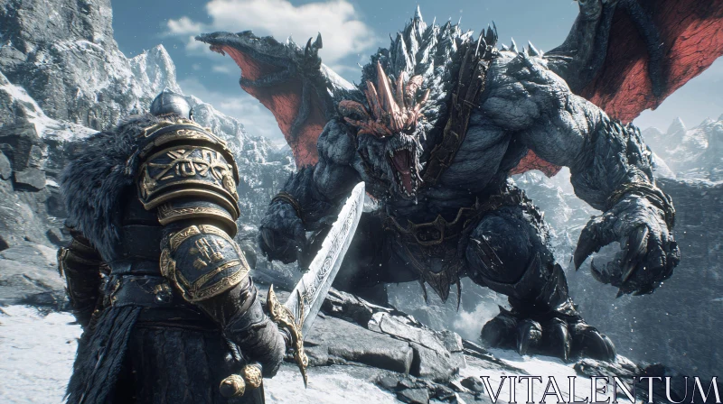 Fantasy Warrior Confronts Dragon in Snowy Arena AI Image