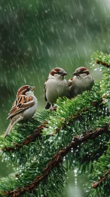 Birds on Branch in the Rain