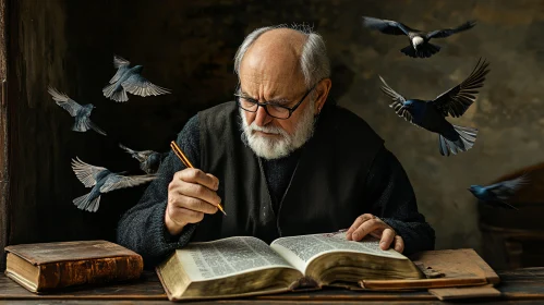 Elderly Man with Birds