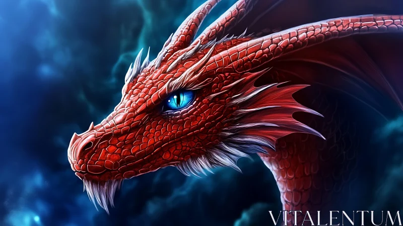 Scarlet Dragon with Piercing Blue Eyes AI Image