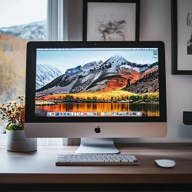 Apple iMac on Desk with Mountain Landscape Display