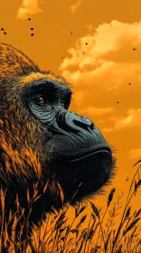 Gorilla in Nature with Orange Background