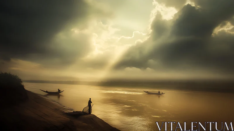 Golden River Fishermen Silhouette AI Image