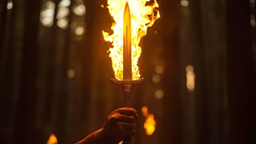 Mystical Flaming Sword in Enchanted Forest