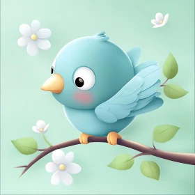 Cartoon Bird on Branch with Floral Accents