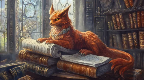 Fantasy Fox Reading in Old Library