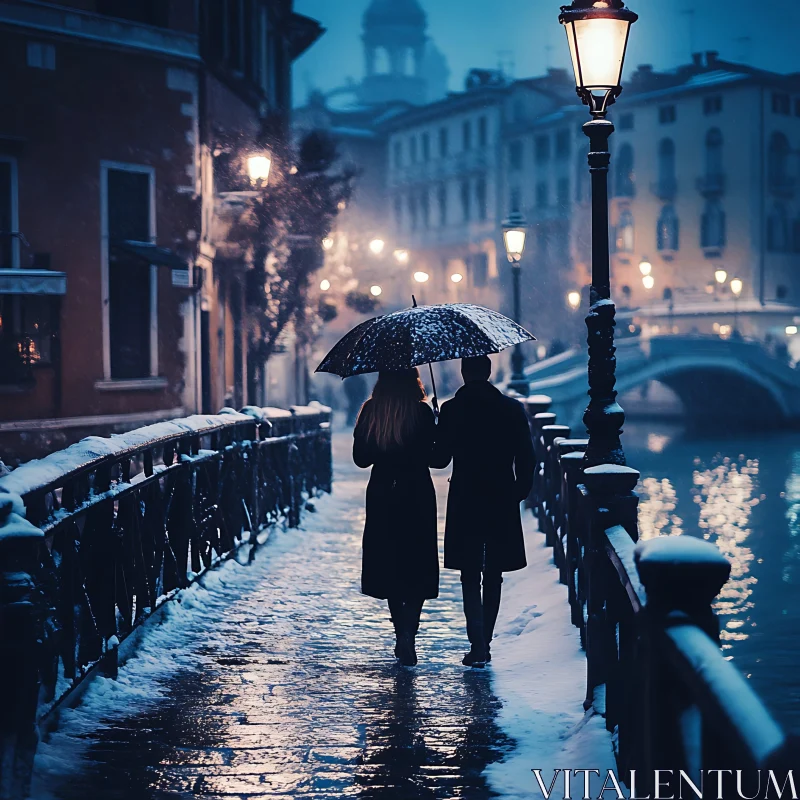 Couple Walking in Snowy City AI Image