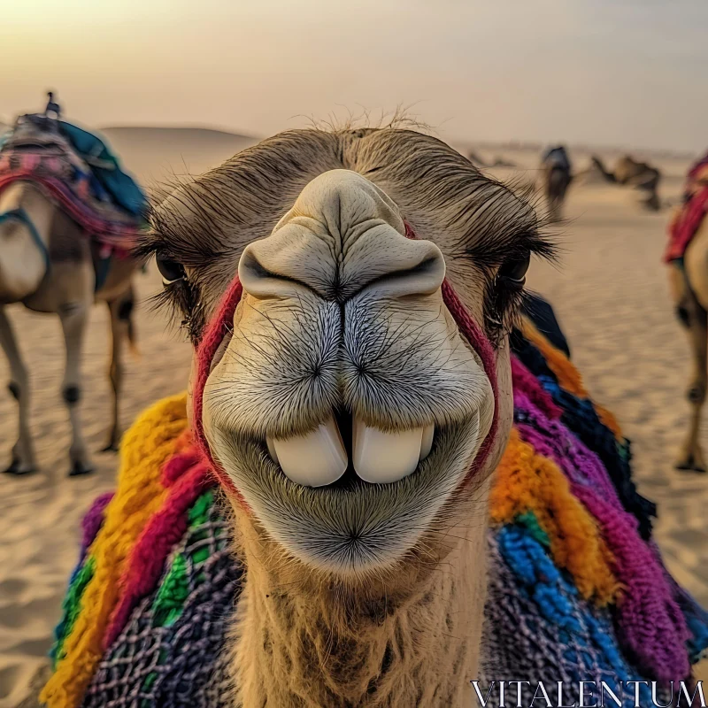 Close-up of a Camel with Colorful Blanket AI Image