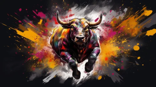 Captivating Bull in Colorful Paint Explosion - Digital Artwork