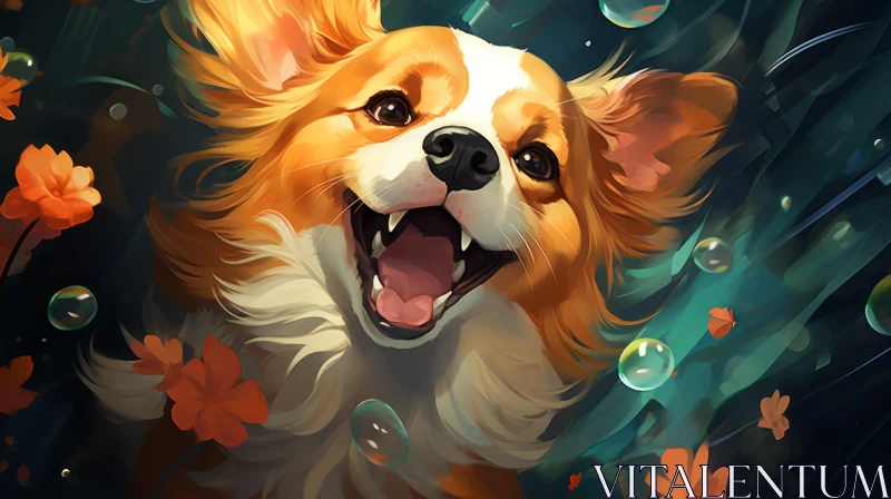 Captivating Dog Artwork with Bubbles and Leaves AI Image